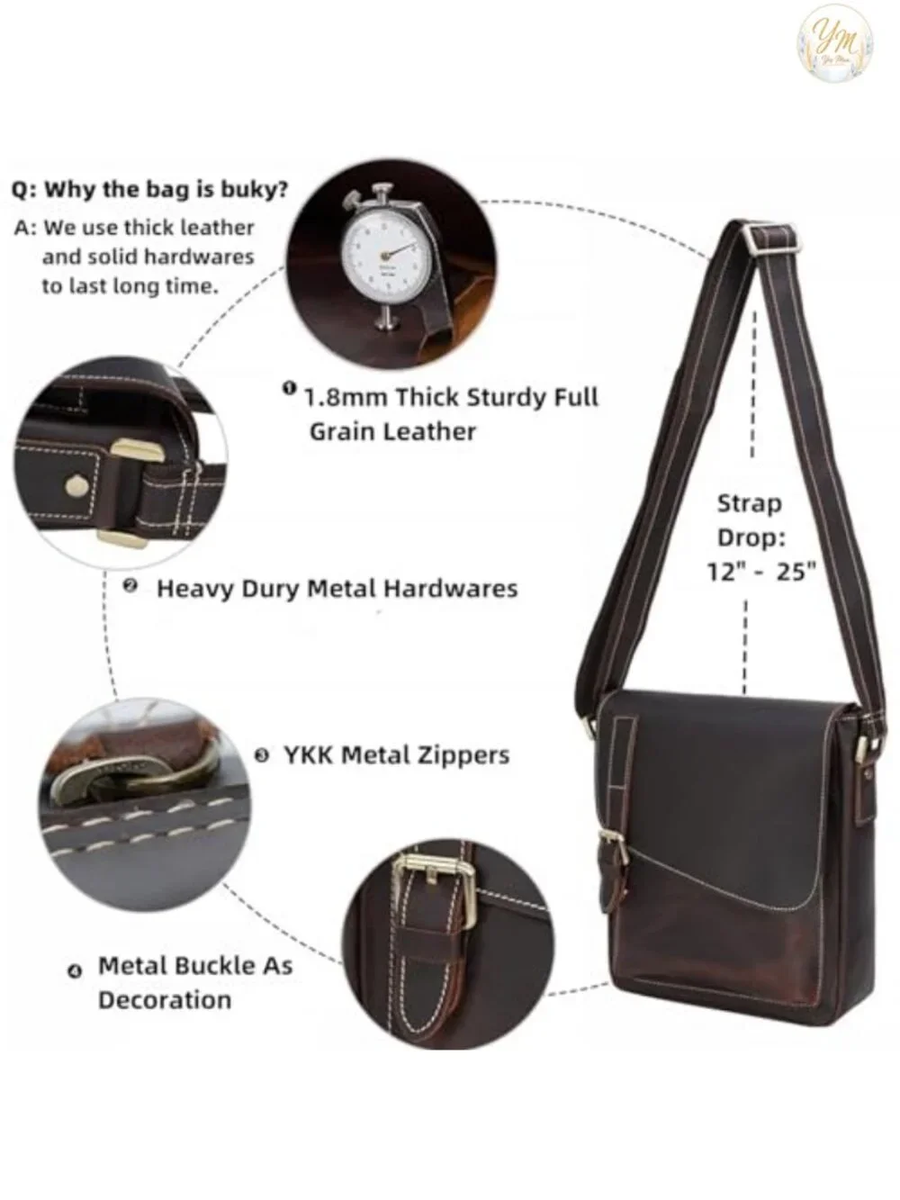 Genuine Full Grain Leather Crossbody Messenger Bag for Men Women Tablet